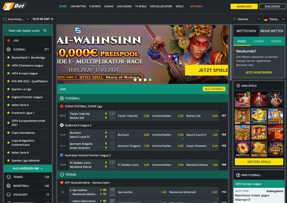1Bet Webseite und Navigation