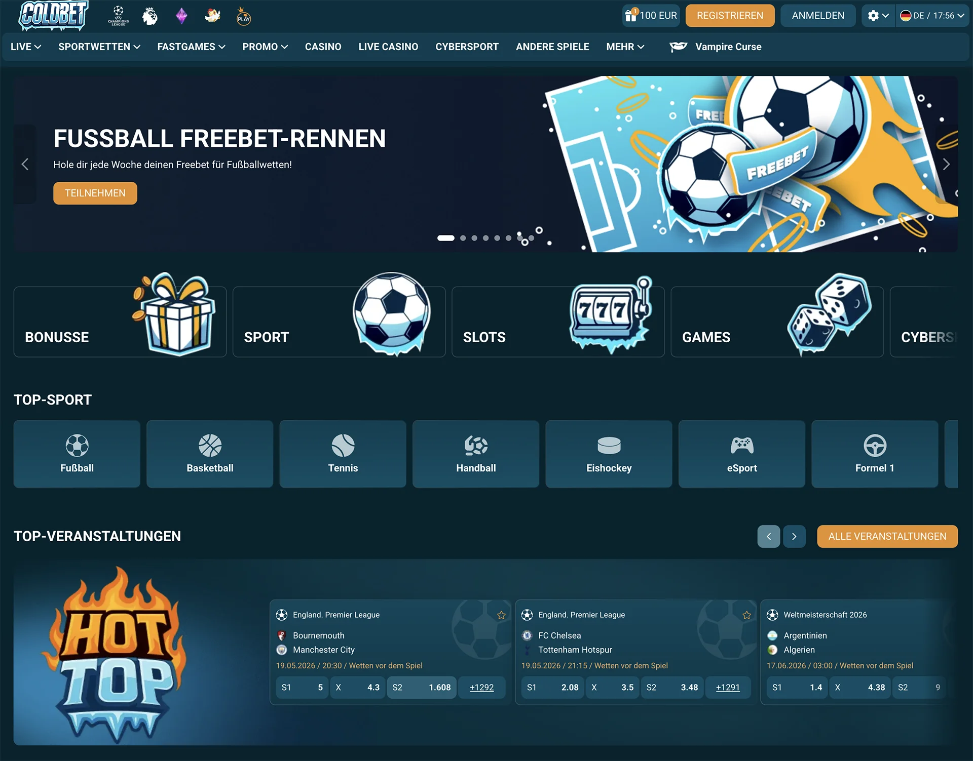 Coldbet Sportwetten Startseite im Test